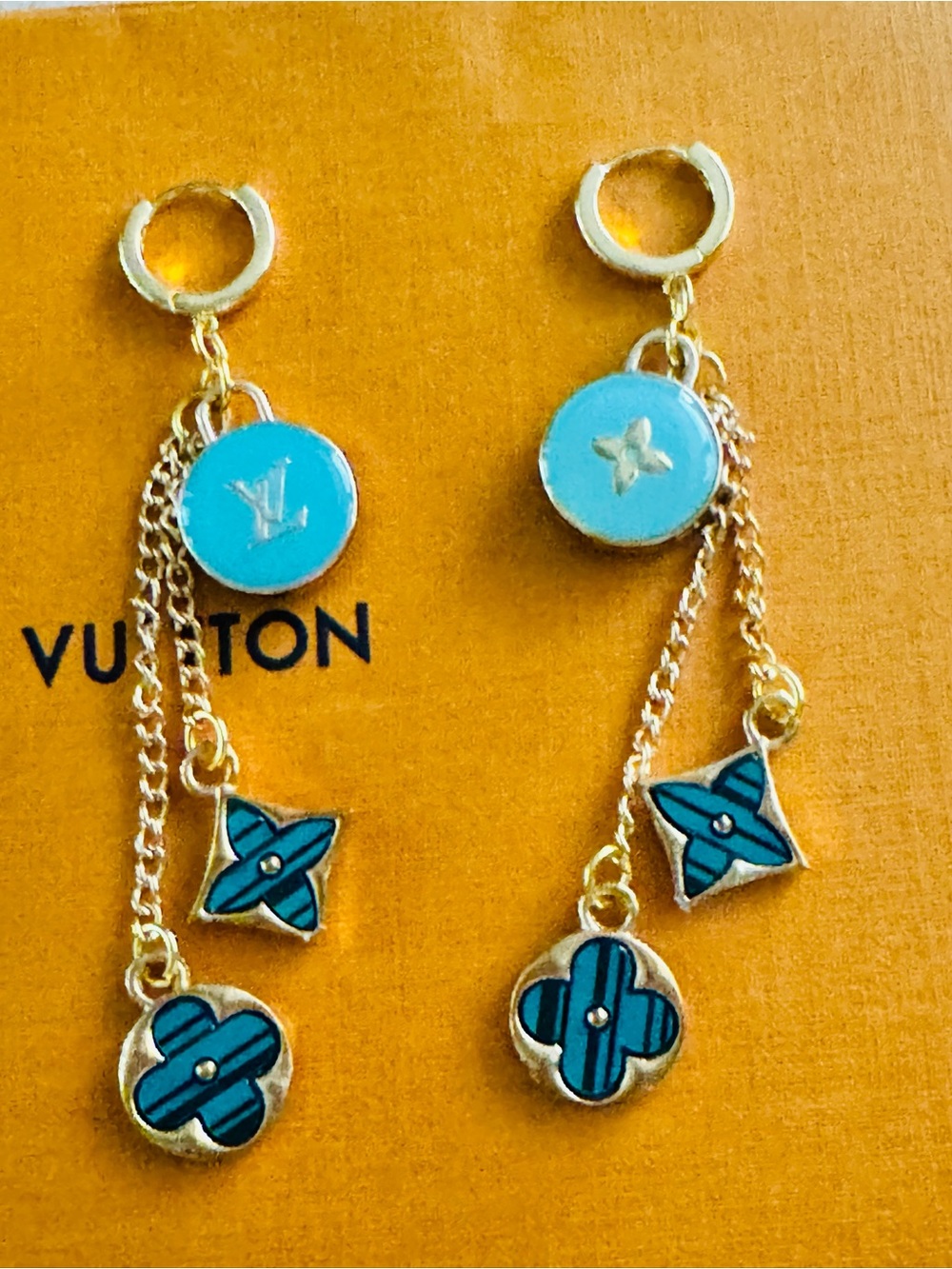 LV Authentic Hardware on 18k Gold Hoop Earrings w/Accents - Picture 2 of 3